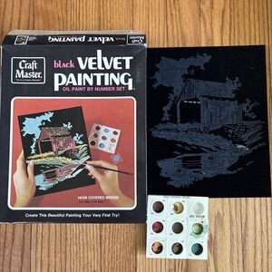 Craft Master Velvet Painting by Number set 1973 Covered Bridge 14038